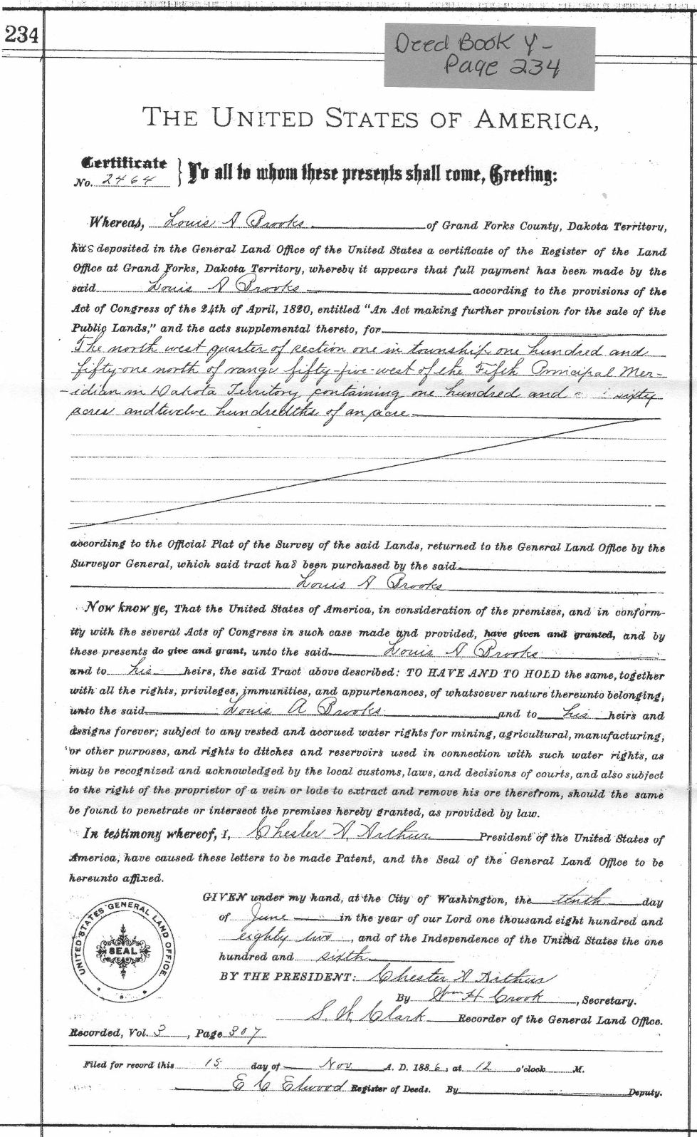 Homestead Certificate Transfering Larrimore Property to Louis A Brooks